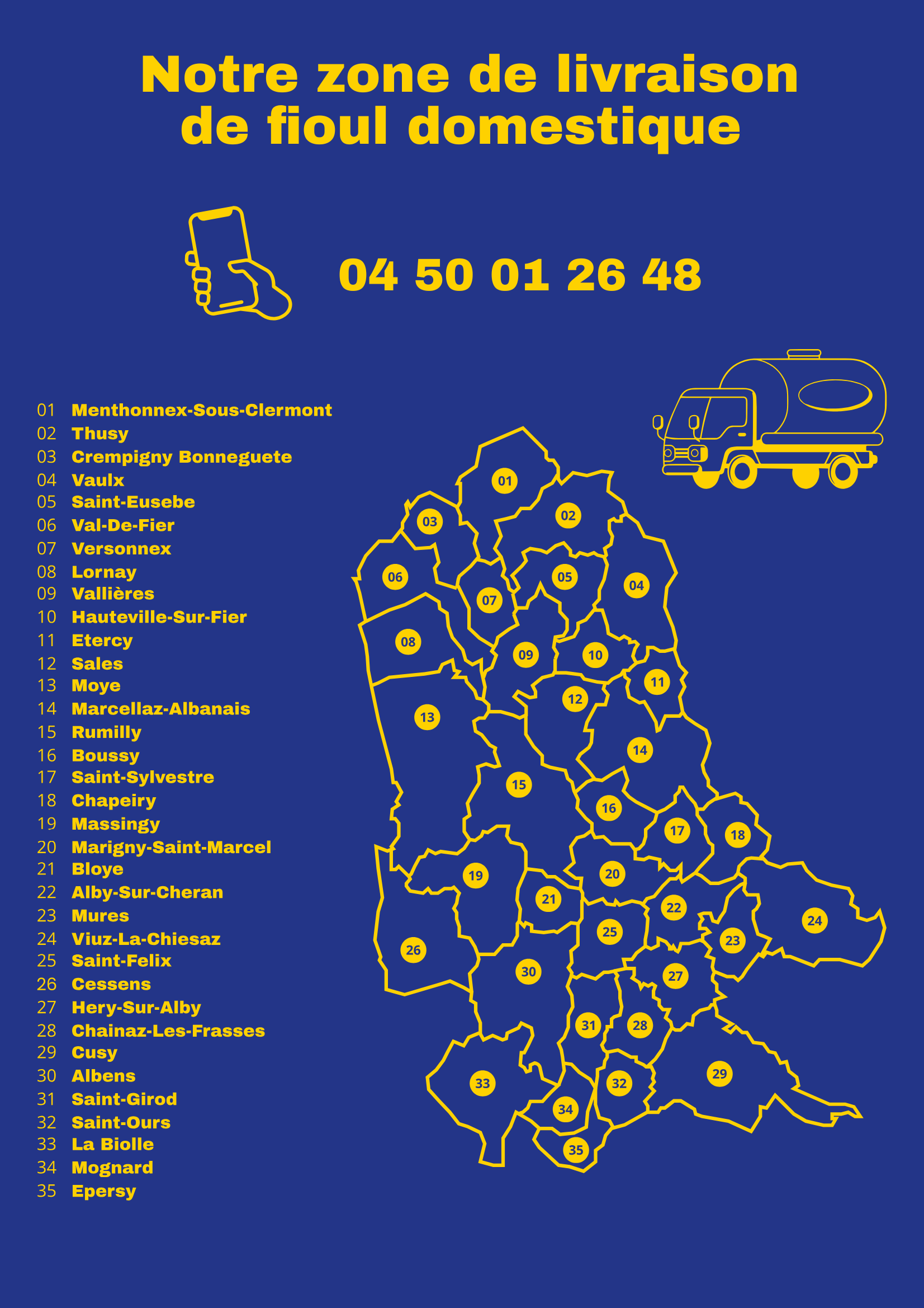 Nos zones de livraison de fioul domestique autour de Rumilly